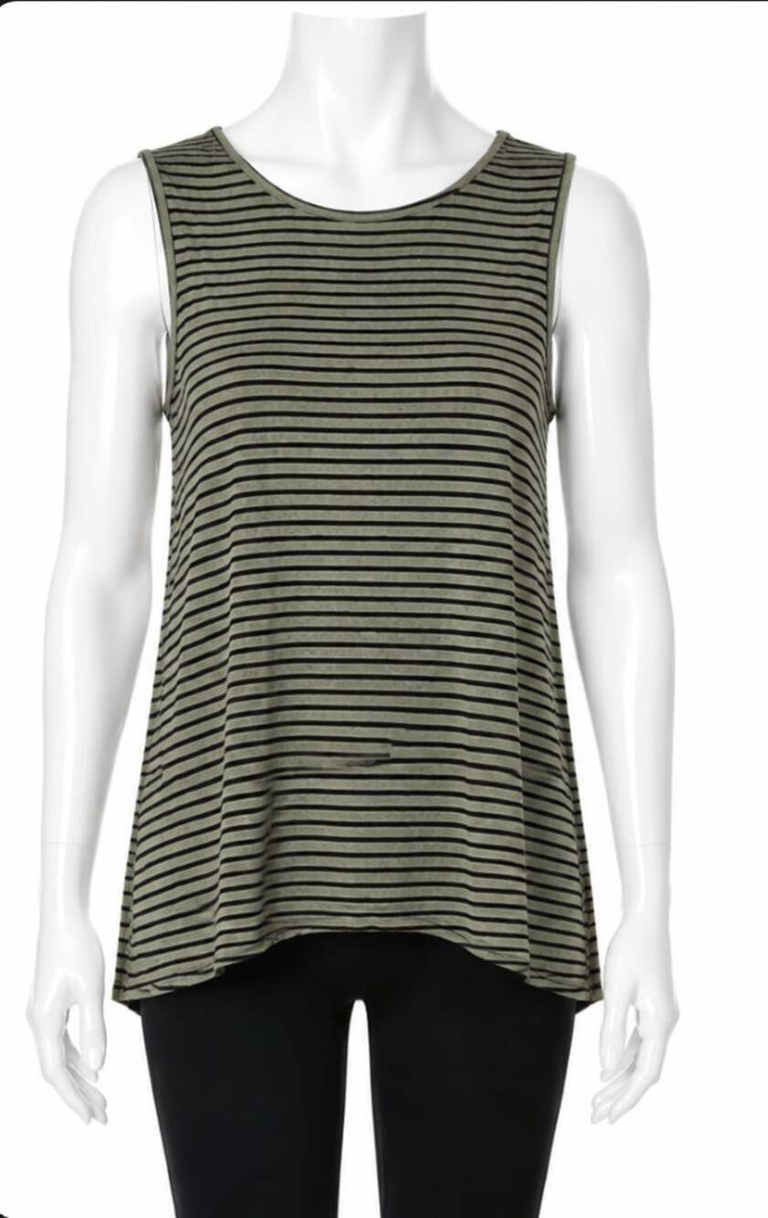 Peyton Jensen Olive & Black Strip Lace Up Back Crew Neck Sleeveless Tank Top XS